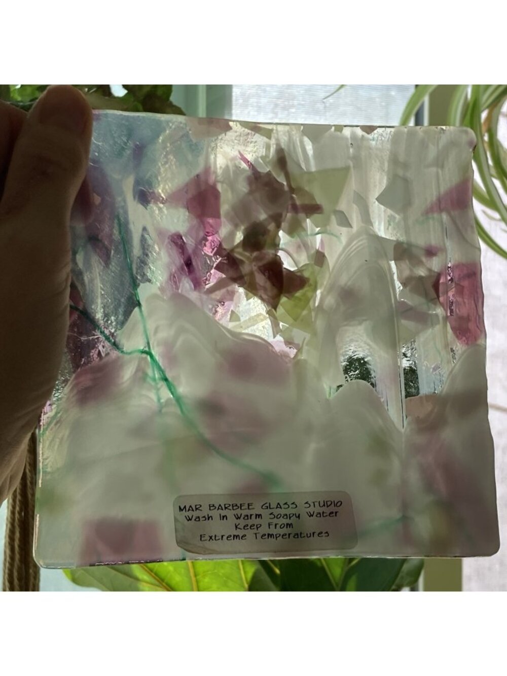 Mar Barbee Glass Studio Purple Green Floral Art Glass Easter Spring Small Tray